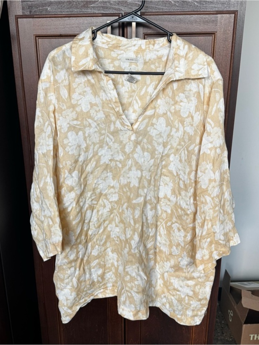 Joie 100% Linen Floral Notch V-Neck Side Button Tunic Blouse Yellow White 3X